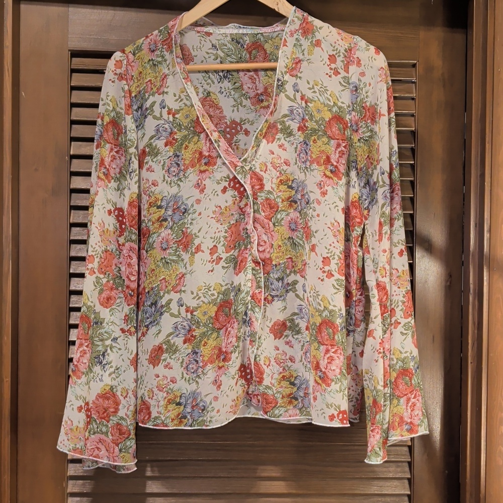 Semi Sheer Multicolor Floral Blouse With Long Bell Sleeves